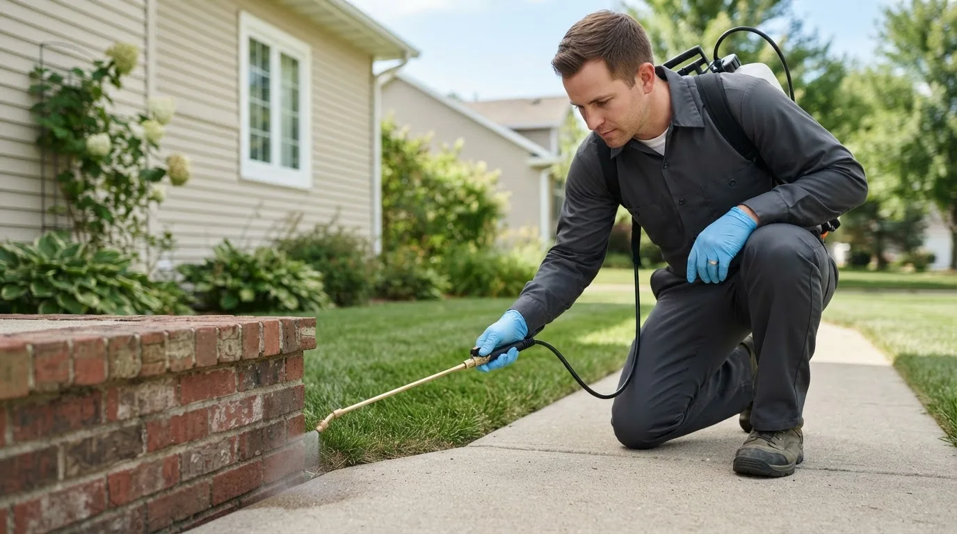 Pest control technician treating a home near Hartselle, AL